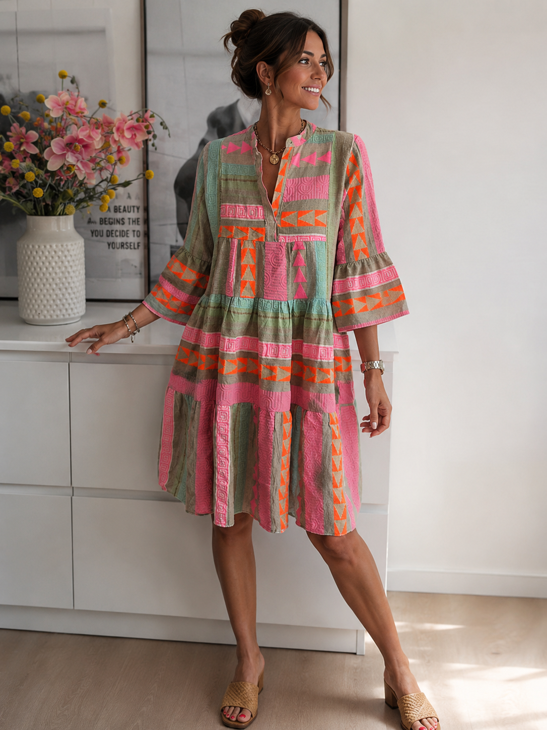 Zaria | Midi Jurk Met Halflange Pofmouwen En Dessin Voor Dames