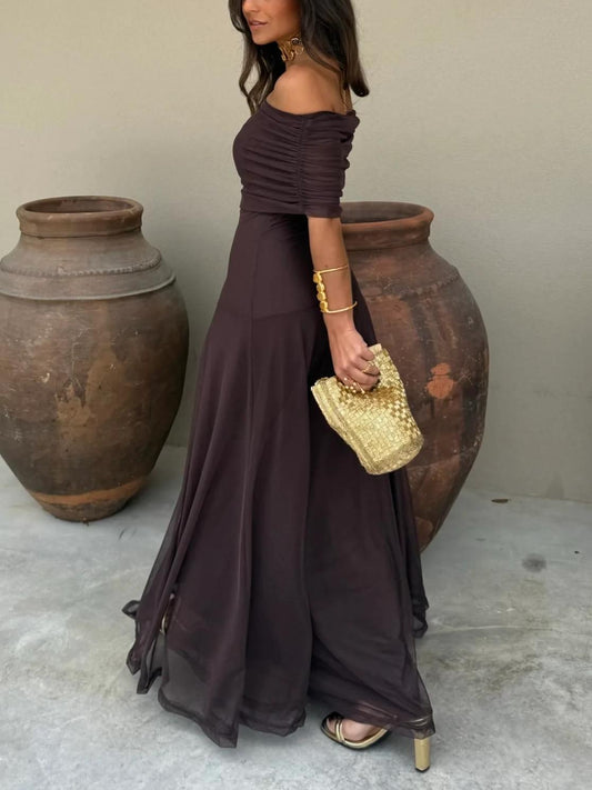 Dames Elegante Off-Shoulder Chiffon Maxi-Jurk