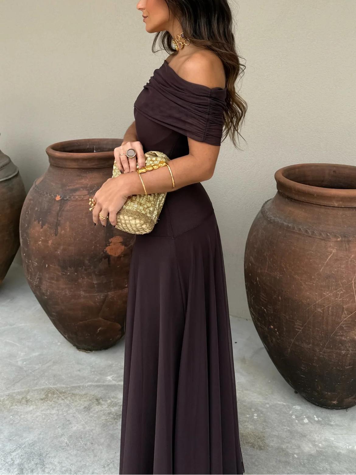 Dames Elegante Off-Shoulder Chiffon Maxi-Jurk