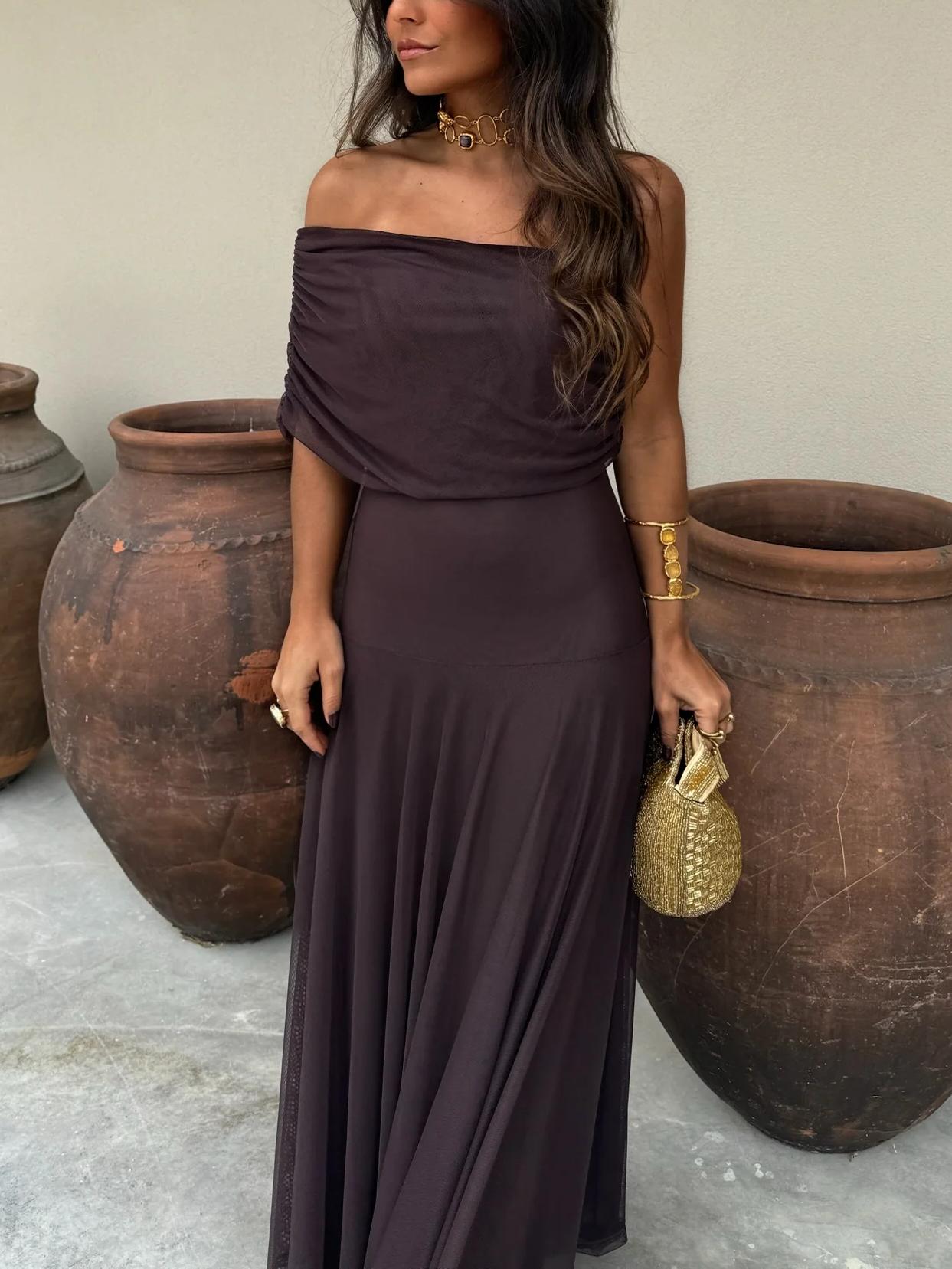 Dames Elegante Off-Shoulder Chiffon Maxi-Jurk