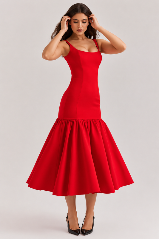 Sanne | Midi Jurk Met Ruches Voor Dames