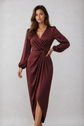 Sofia | Midi Jurk Met Wikkeldetail En Lange Mouwen Van Satijnlook Voor Dames