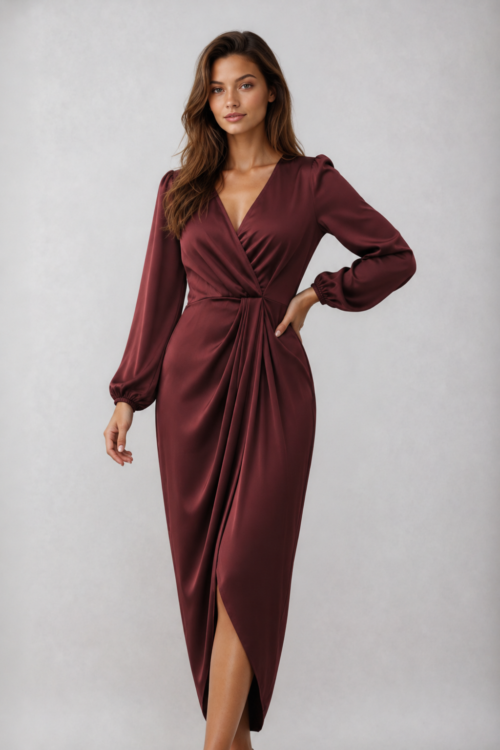 Sofia | Midi Jurk Met Wikkeldetail En Lange Mouwen Van Satijnlook Voor Dames