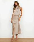 Dames Satijnen Halter Midi Jurk