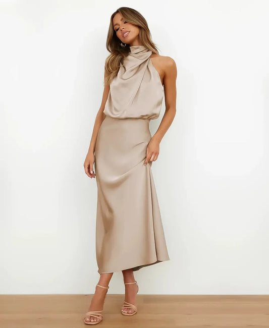 Dames Satijnen Halter Midi Jurk