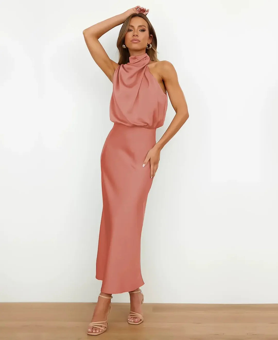 Dames Satijnen Halter Midi Jurk