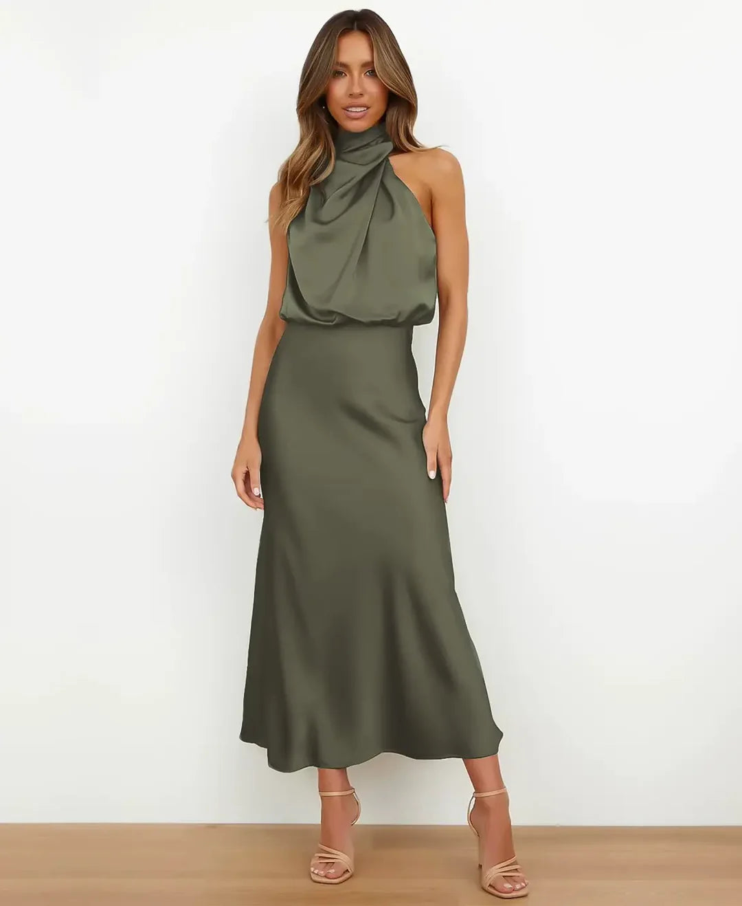 Dames Satijnen Halter Midi Jurk