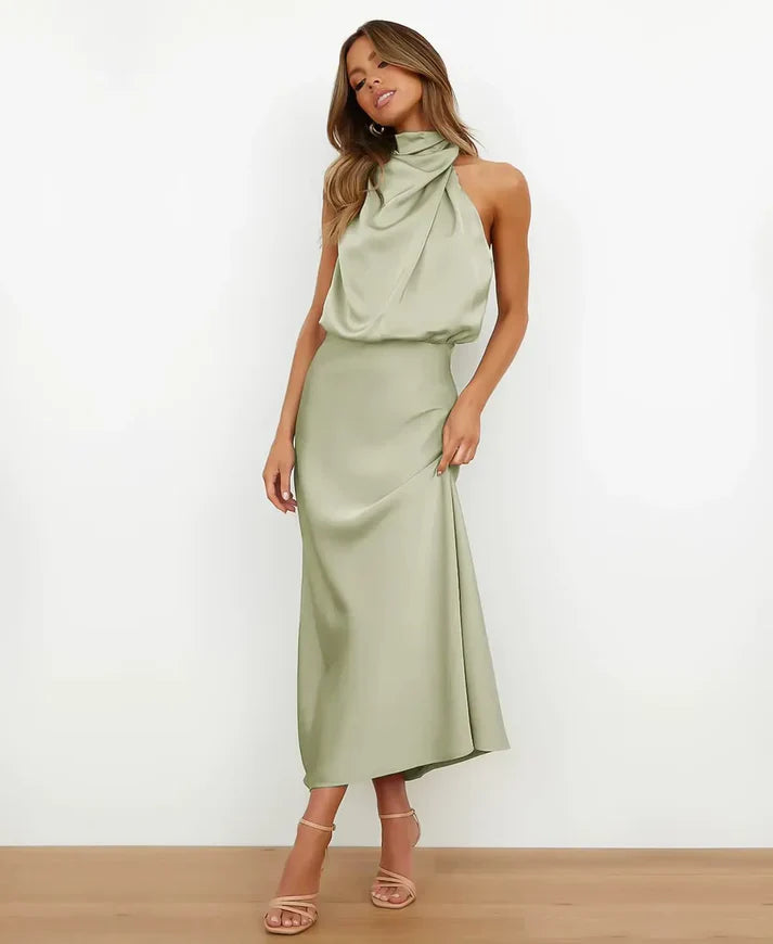 Dames Satijnen Halter Midi Jurk