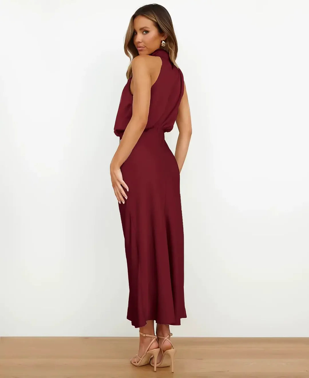 Dames Satijnen Halter Midi Jurk