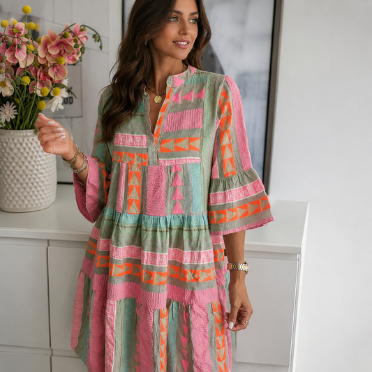 Zaria | Midi Jurk Met Halflange Pofmouwen En Dessin Voor Dames